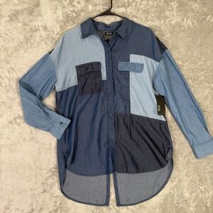 ANA A NEW APPROACH Denim Patch Button Up Shirt M Women's Blue Pocket Top
